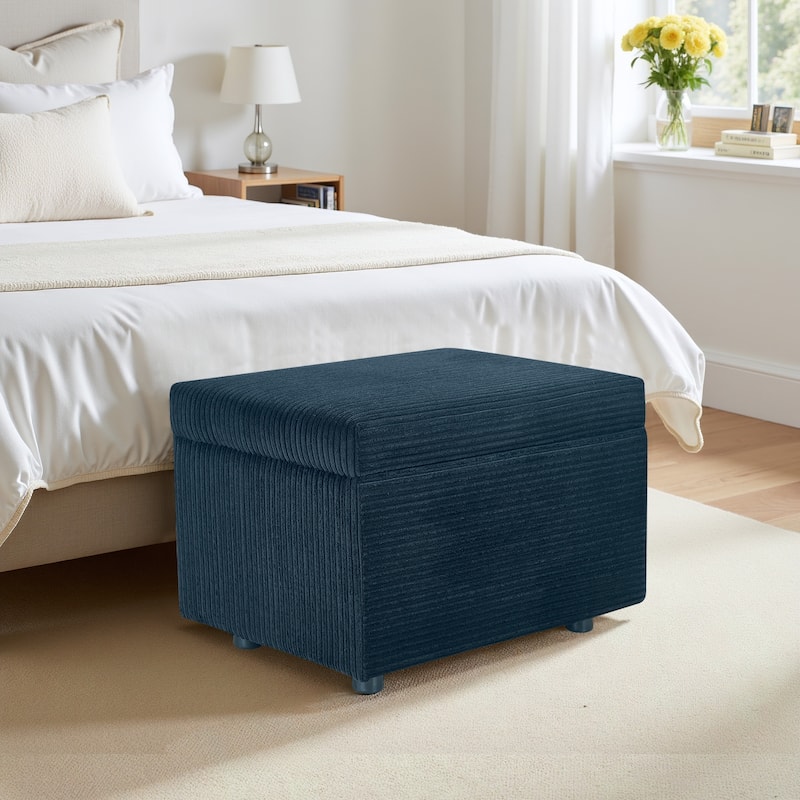 25 in.W Corduroy Upholstered Flip Top Storage Ottoman Footstool w/ Hide Hidden Storage & Solid Wood Legs - Black