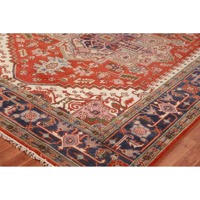 Hand Knotted Oriental 100% Wool Carpet Traditional Medallion Oranges & Rust Heriz (serapi) Area Rug - 9' 10'' X 8' 0''