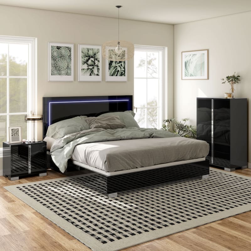 Furniture of America Erina Modern Glossy 3-Piece Panel Bedroom Set - Black - King