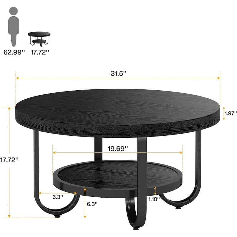 2-Tier Industrial Center Table for Living Room, 31.1 Inches Brown MDF Round Coffee Table