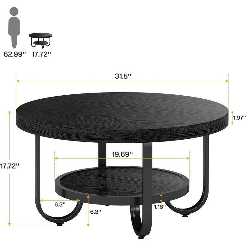 31.1" Brown MDF Industrial Coffee Table, 2-Tier Round Cocktail Tea Table with Metal Legs for Living Room, Receptionist Room