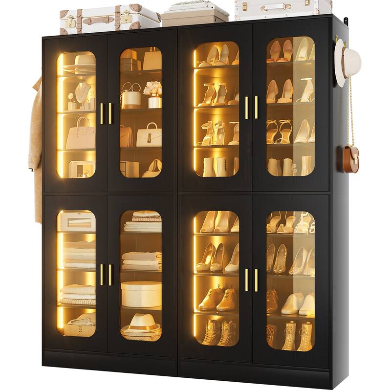 8-Tier Shoe Cabinet with LED Light, 32 Pairs Tall Shoe Storage Organizer with Side Hooks
