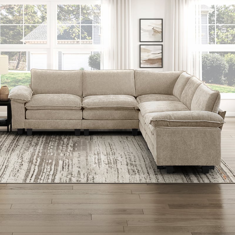 Terra Chenille 5-Piece Modular Sectional Sofa - Wood Finish Feet