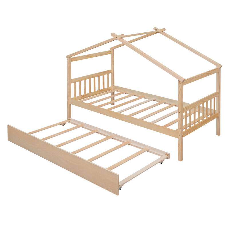 Twin/Full House Bed with Pull-Out Trundle, Solid Pine Wood Frame for Sleepovers