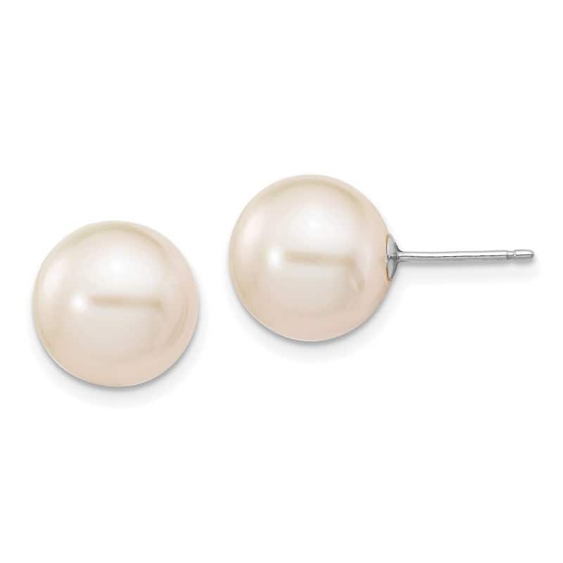 Curata 10k White Gold 4mm-11mm White Round Freshwater Cultured Pearl Stud Earrings