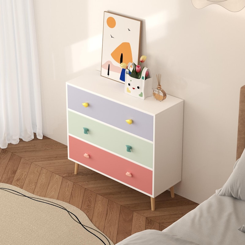 Anmytek Kids 3 Drawer Chest with Pastel Drawers Cartoon Handles Nursery and Playroom Storage