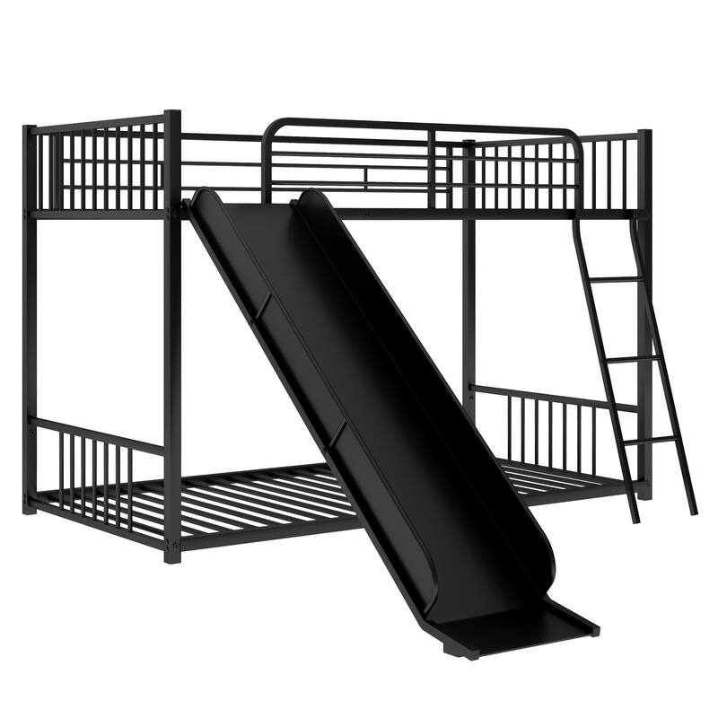 Twin Over Twin Bunk Beds w/Built-in Ladder, Metal Frame Twin Over Twin Bedframe with Slide & Guardrail, No Box Spring Needed