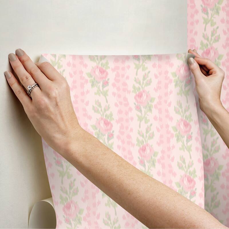 LoveShackFancy A-Street Prints Blooming Heirloom Strawberry Macaron Rose Stripe Wallpaper