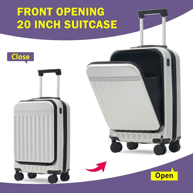 3-Piece Modern Front-Opening Luggage Expandable Luggage with USB Port and TSA Lock, for Boarding Travel, Grey+White