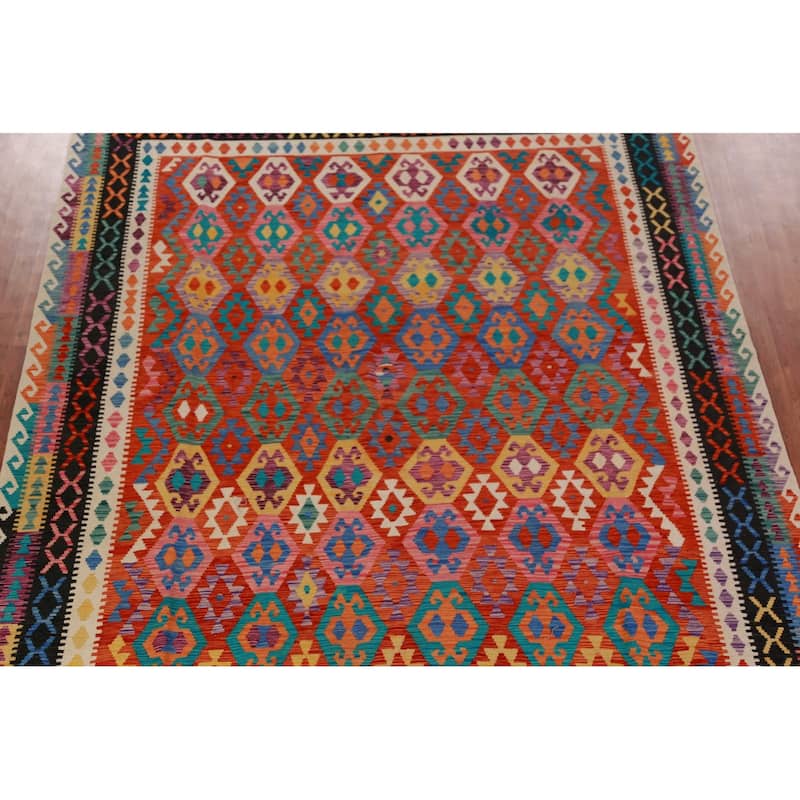Kilim Oriental Area Rug Hand-Woven Geometric Bedroom Wool Carpet - 9'7"x 13'1"