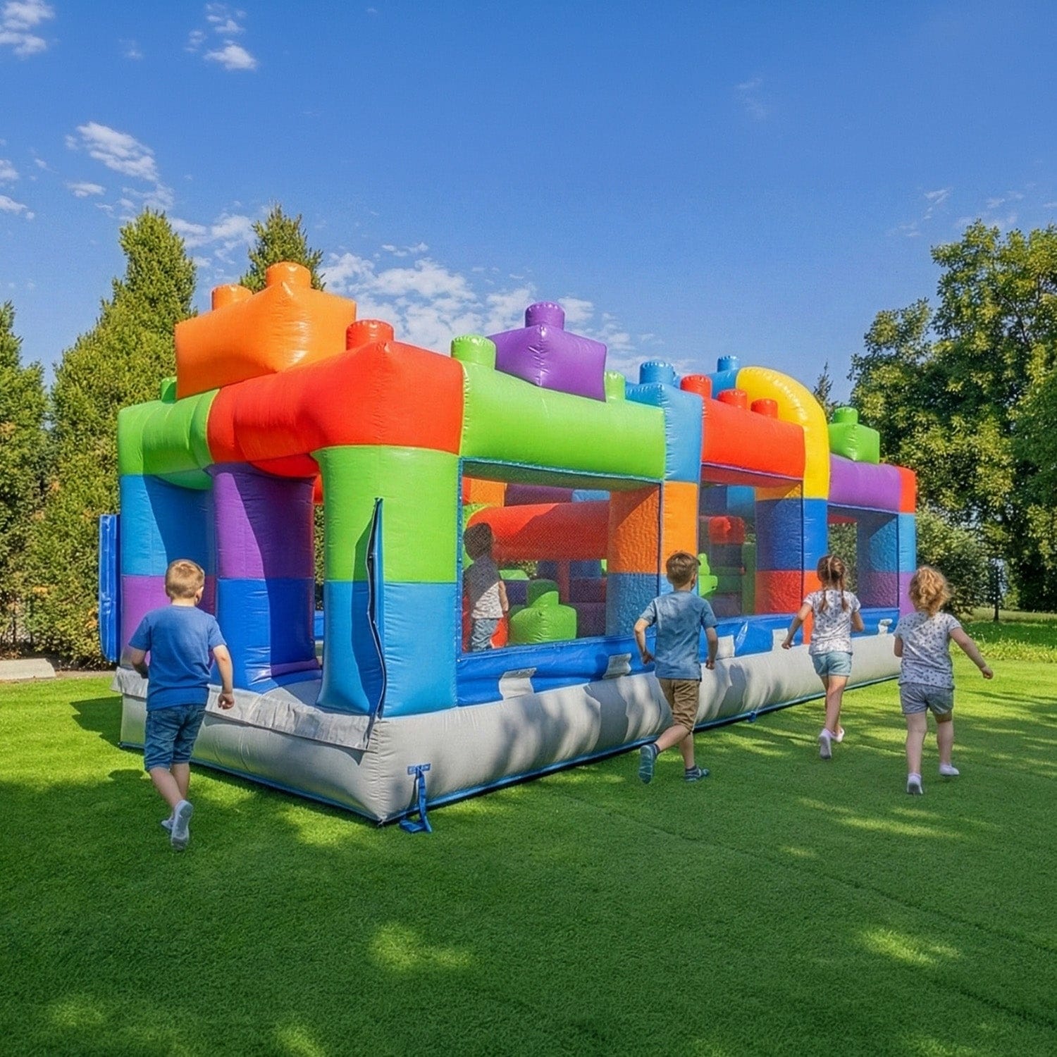 HeroKiddo 20FT Block Party Inflatable Obstacle Course with Air Blower, Commercial Grade PVC, Kids Outdoor Play, Summer Fun