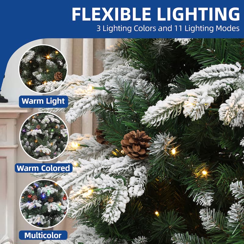 Moasis 7.5ft Prelit Flocked Tiered Christmas Tree with Remote, 1200 Tips, 36 Pine Cones, 11 Light Modes