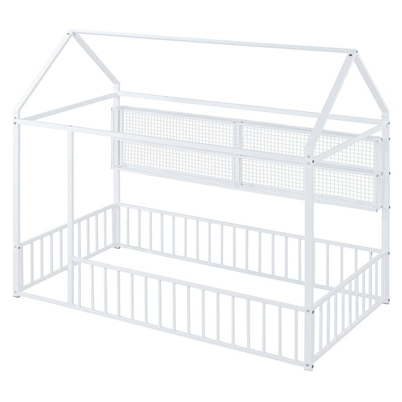 Full Size Metal House Bed Frame with Built-In Grid Shelves, Playful Canopy Design and Space-Saving Storage