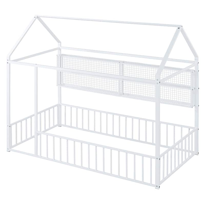 Twin Size Metal House Platform Bed Frame with Storage Shelves,Fence and Shelves