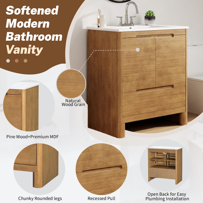 30" Modern Solid Wood Frame Bathroom Vanity Set with Ceramic Sink, Natural Wood Grain Cabinet & Soft-Close Doors