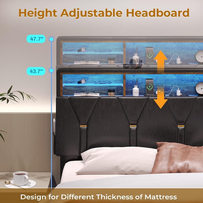 Bed Frame Storage Headboard RGB LED Lights Upholstered Platform