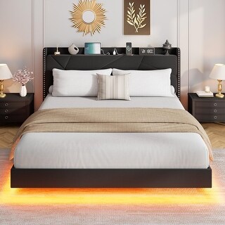 Floating Bed Frame, with RGB LED Lights and Charging Station - Bed Bath ...