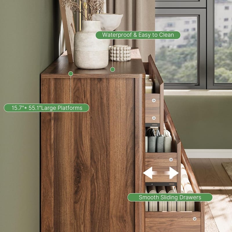 FURNIWAY Walnut Drawer Tall Dresser, Modern Chest with Hidden Handles, Storage Organizer