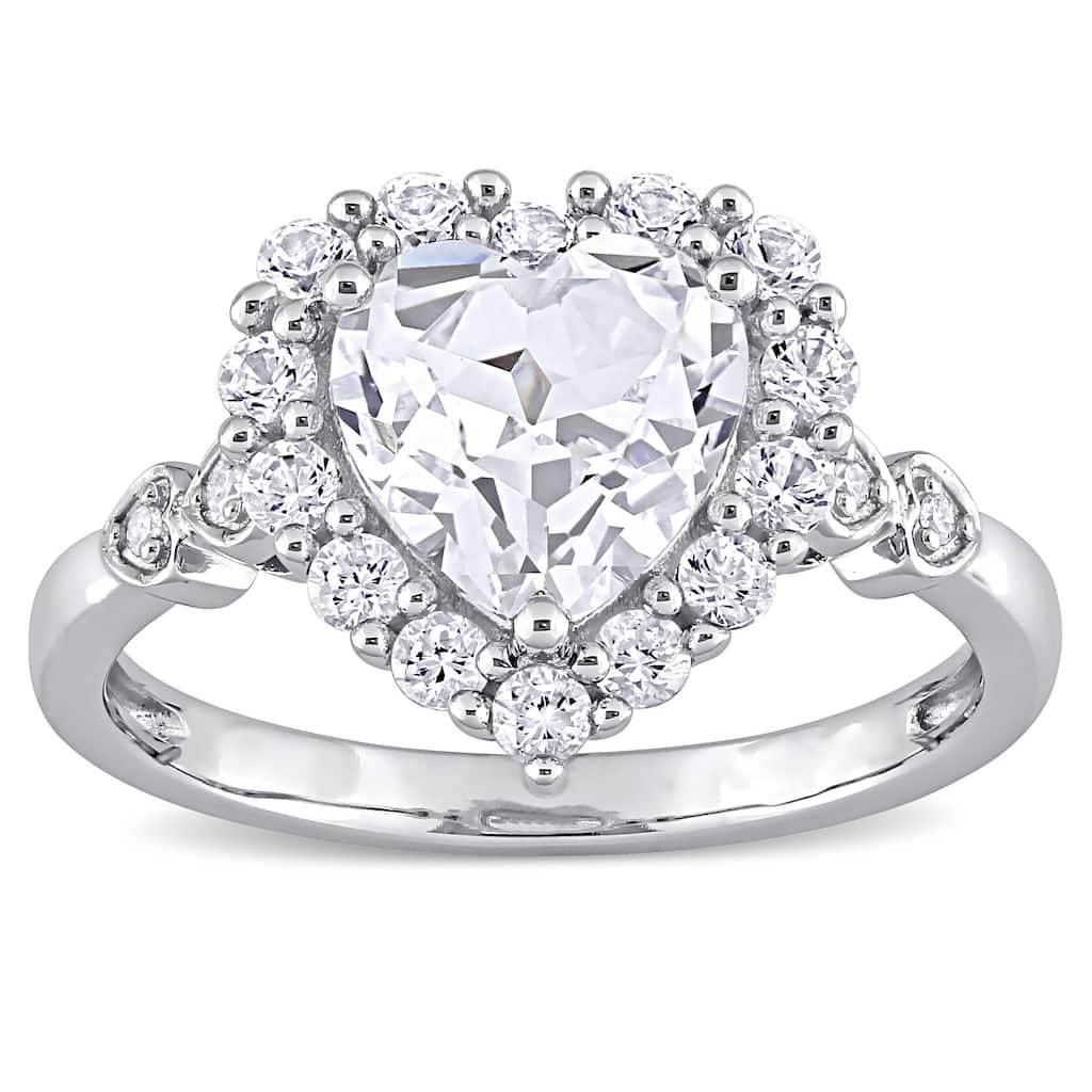 Miadora 10k White Gold 3ct TGW Created White Sapphire and Diamond Heart Halo Engagement Ring