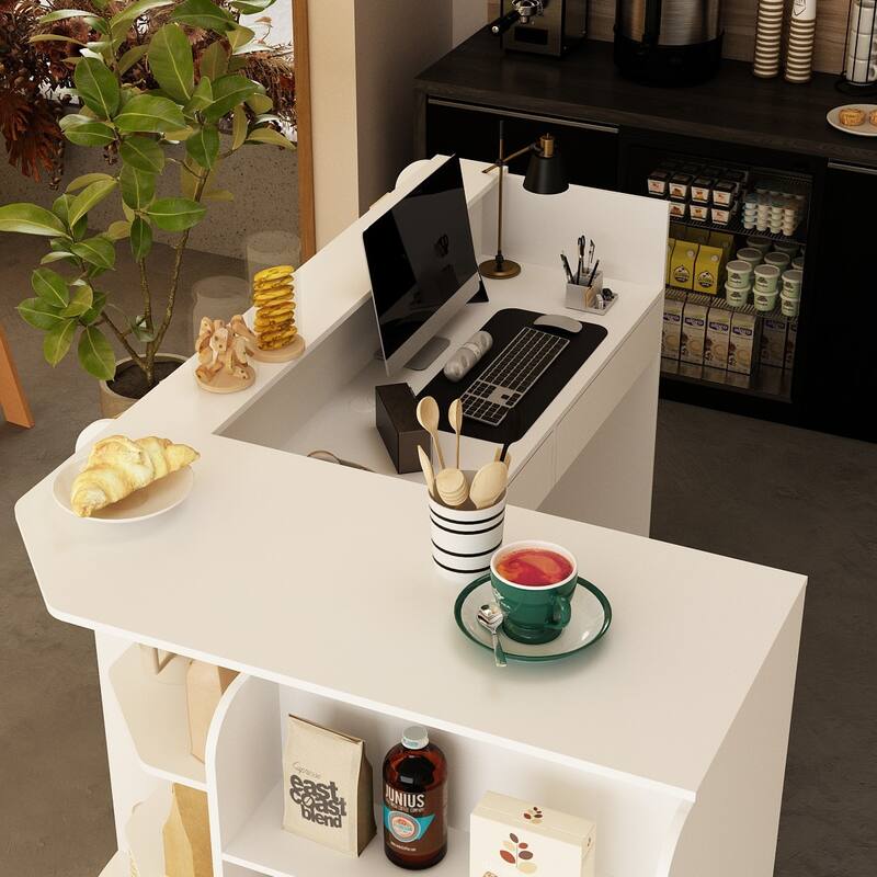 70.9" White Curved Front Desk with Shelving and Storage Reception Desk