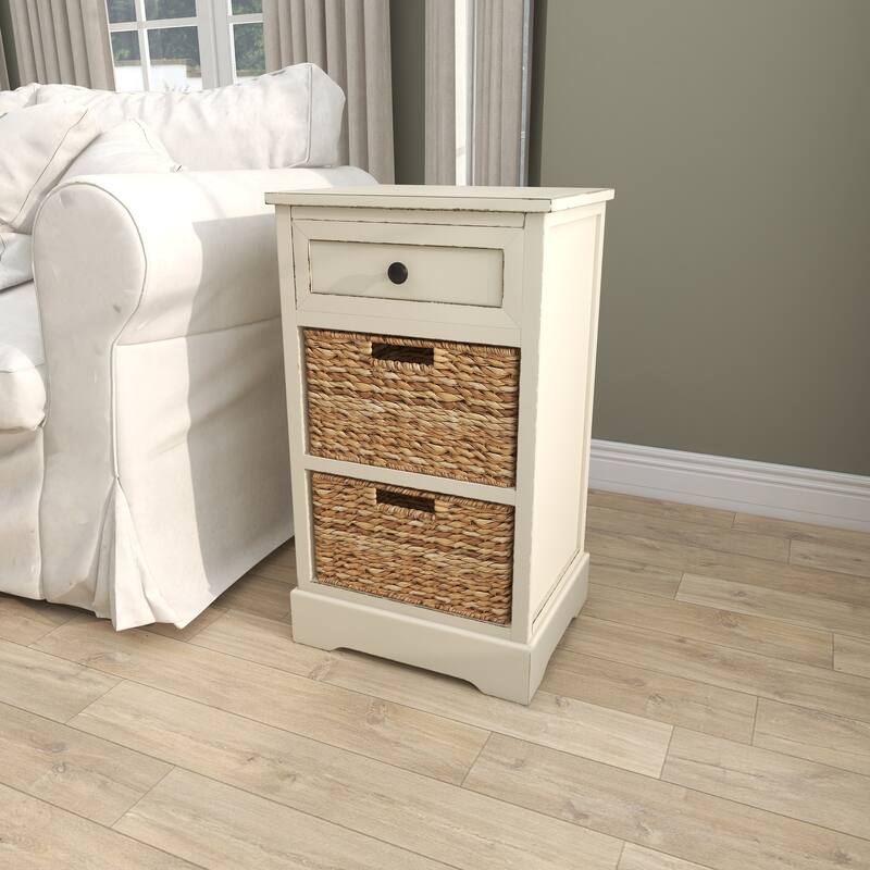 Cream, Teal, White or Brown Wood 2 Baskets and 1 Drawer Storage Unit - 16 x 13 x 28