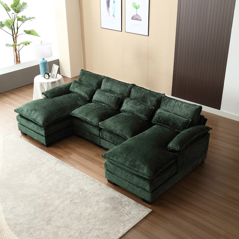 U Shaped Sectional Sofa,Modern Chenille Tufted Overstuffed Comfy Cloud 4 Seater Couch with Double Chaises & Pillows - Green