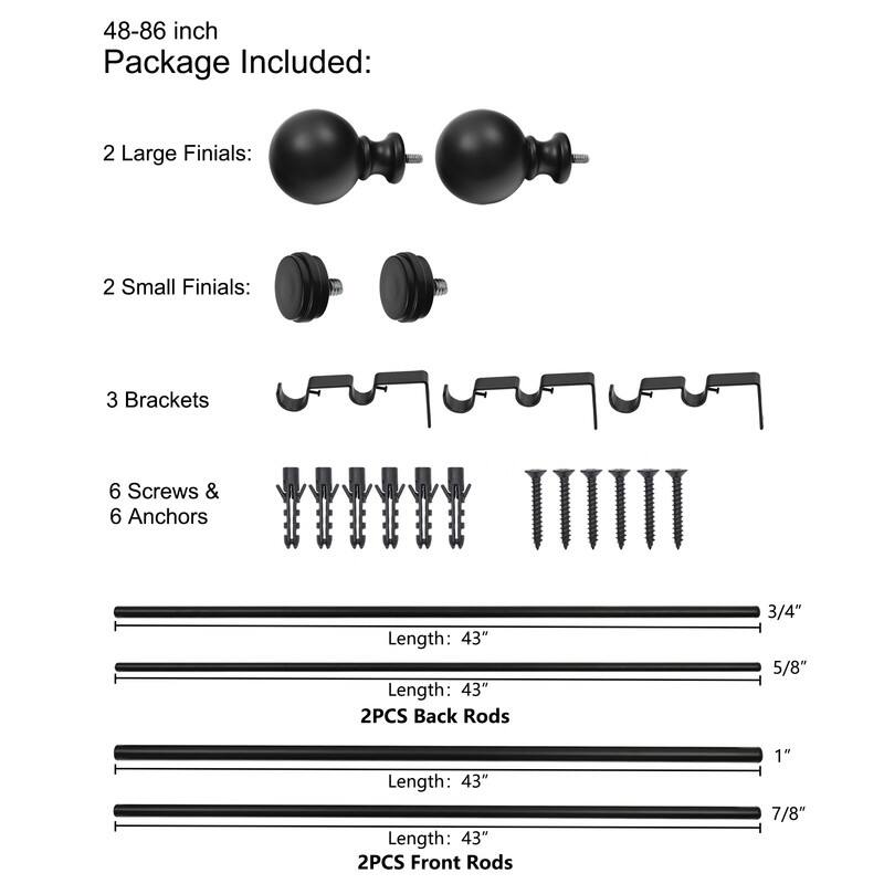 Utopia Alley Wall Mounted Window Treatment Telescoping Double Curtain Rod Set with Classic Cap, 1-Inch Diameter, Black