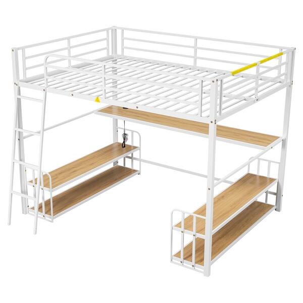 slide 2 of 32, Full Size Metal Loft Bed with Desk, Storage Shelves, USB Charging Station, Space-Saving Design for Bedroom White - Full