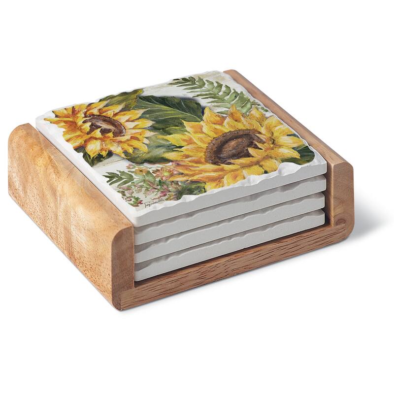 Square Absorbent Coasters - Set of 4 With Holder - Sunflowers - 4.000x4.000x2.028