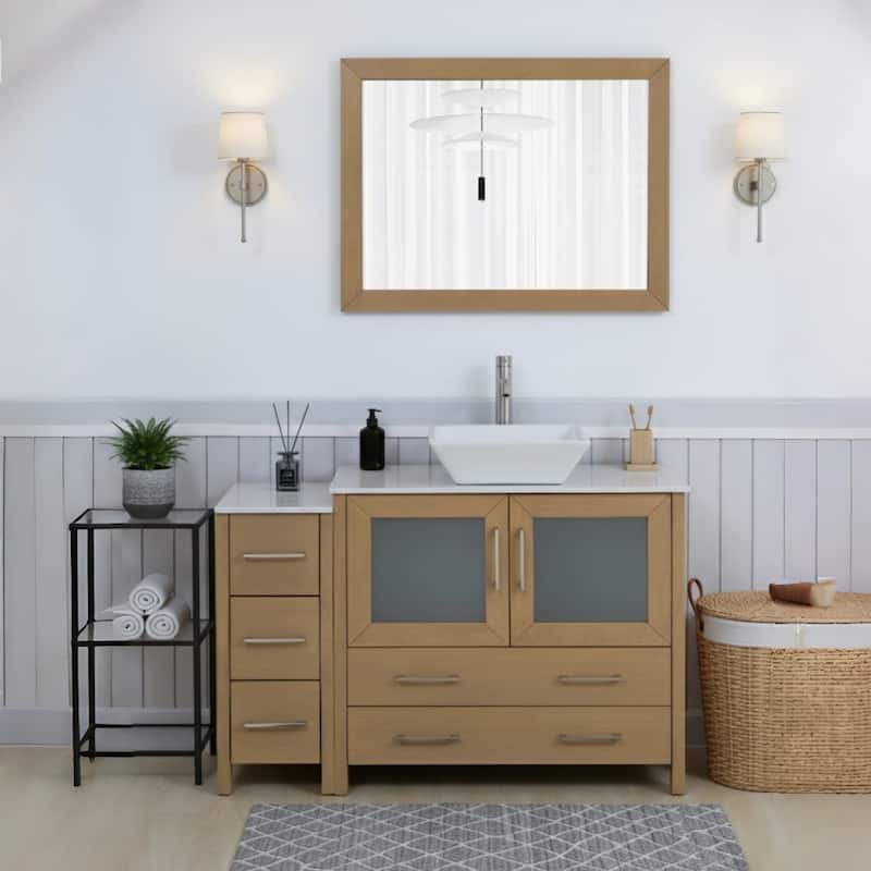 Vanity Art 48" Single Sink Bathroom Vanity Combo Set with Engineered Marble Top and Free Mirror - 48 x 18.5 x 36 Inches - Natural Oak