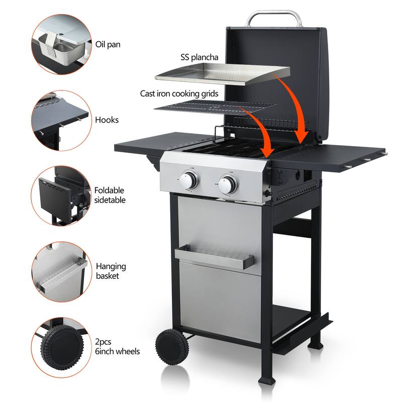 2-Burner Propane Gas Grill with Wire Enamel Cooking Grids Stainless Steel Outdoor BBQ Grill,Foldable Side Table,Hanging Basket