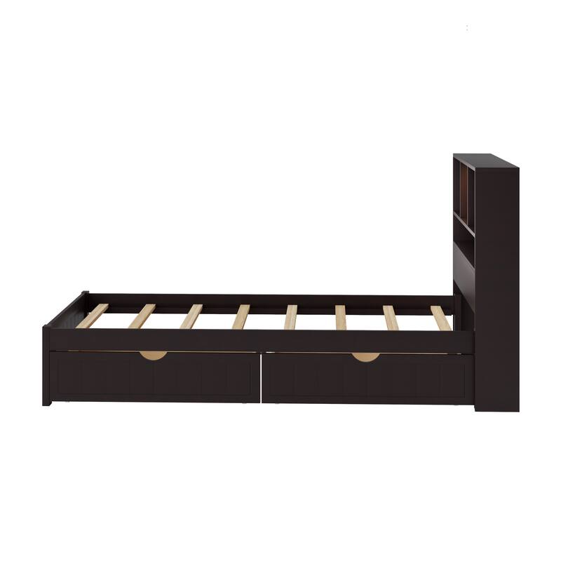 Wood Platform Bed with Bookcase Headboard, Built-in Downlight, Charging Station & 2 Side Drawers