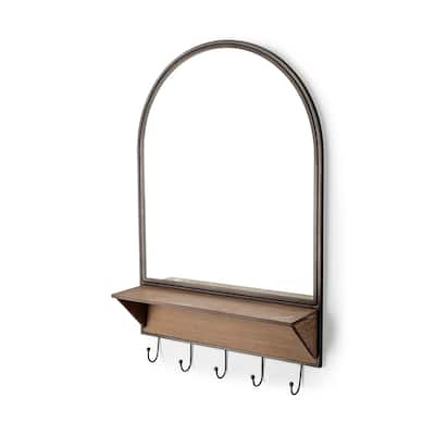 Neville Black Metal and Brown Solid Wood Shelf With Hooks Arched Mirror - 30" x 20"