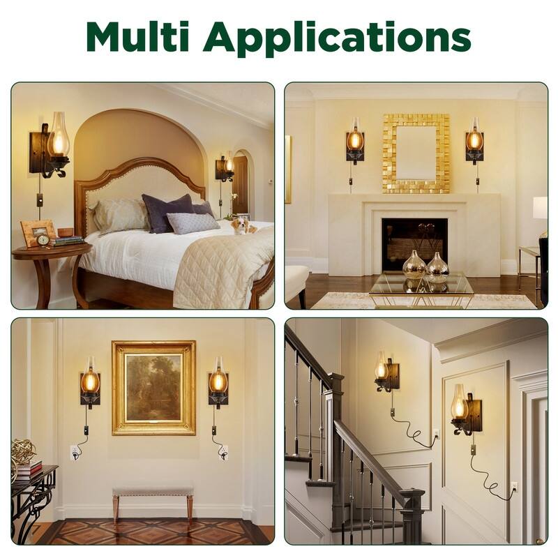 Vintage Plug-in Wall Sconces Set of 2 Rustic Farmhouse Lights for Bedroom, Living Room, or Hallway (No Bulbs) - N/A