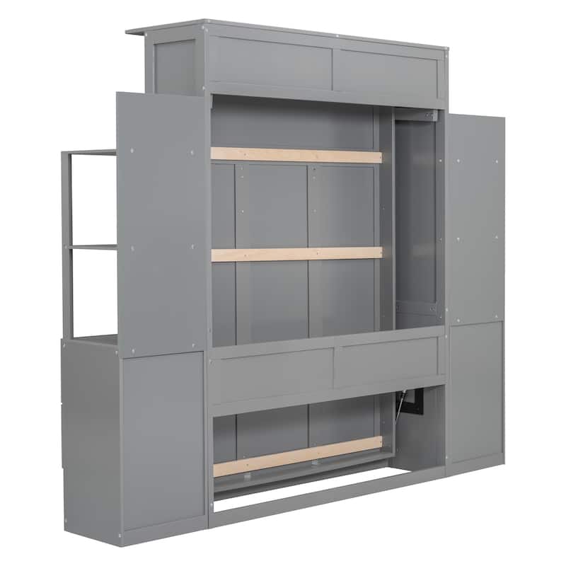 Full Size Murphy Bed Wall Bed with Shelves, Drawers and LED Lights
