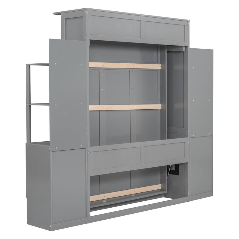 Murphy Bed Foldable Bed with Two 4-Layer Shelves Space Optimizing Wall Bed with 4 Drawers and LED Lights for Bedroom Apartment