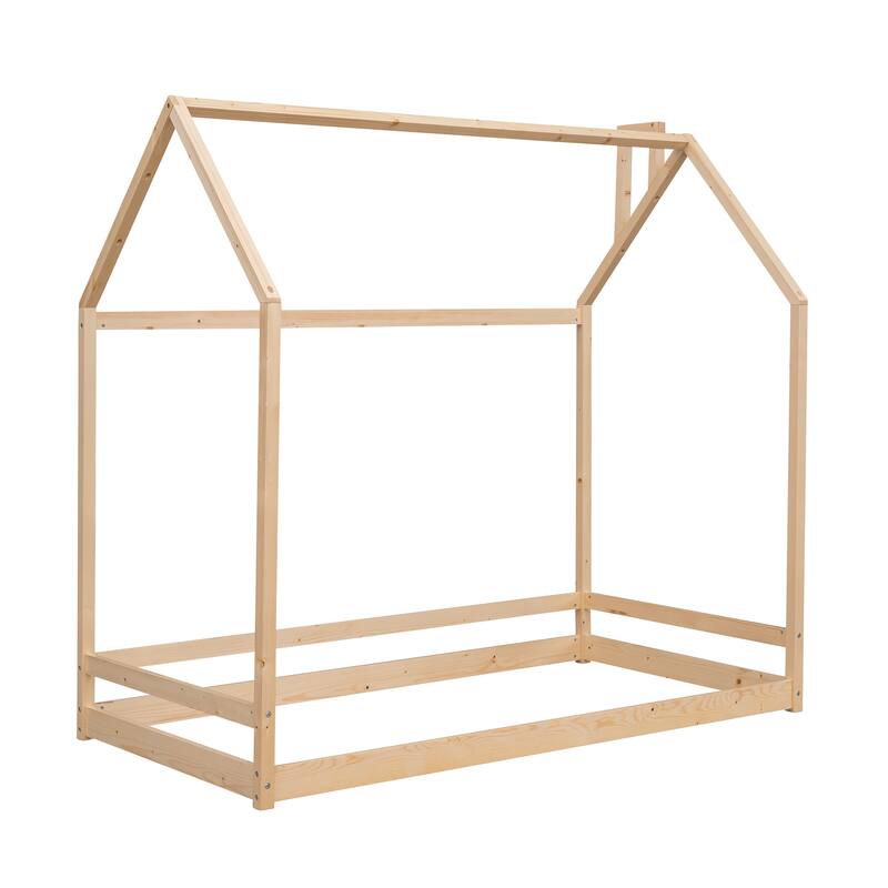 Twin Size House Bed with Roof, Playhouse Design, and Pinewood Frame