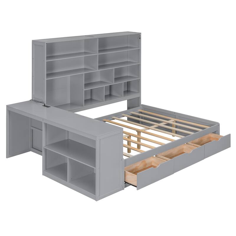 Full Size Wooden Daybed with Desk, Shelves, Drawers, and Lights in Gray