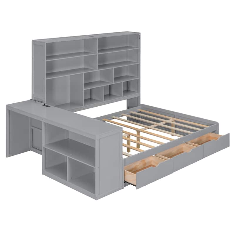 Modern Full Size Wooden Daybed with Built-In Desk, 3 Storage Drawers & Open Compartment Shelving by Harper&Bright Designs