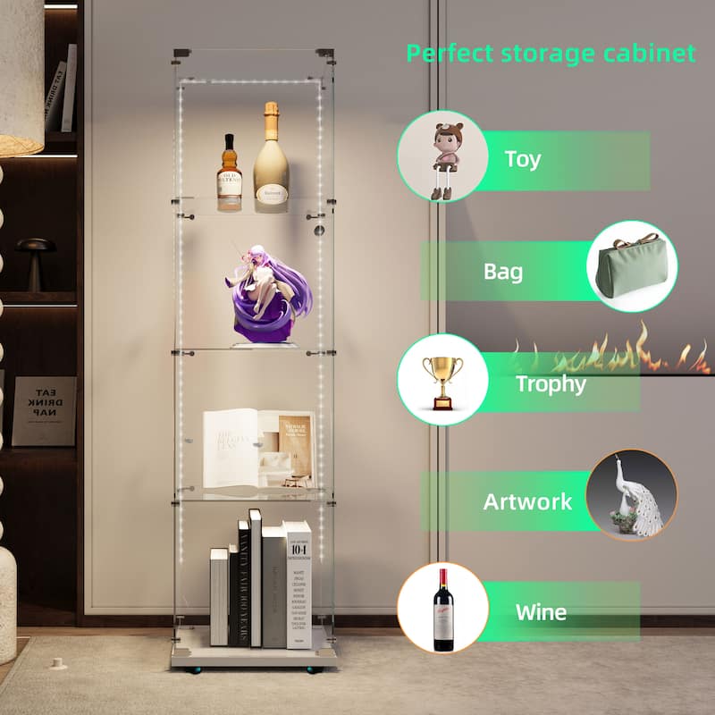 Tempered Glass Display Cabinet, Storage Cabinet, File Cabinet, Tempered Glass Top, Bluetooth LED Light Strip, with Door Lock
