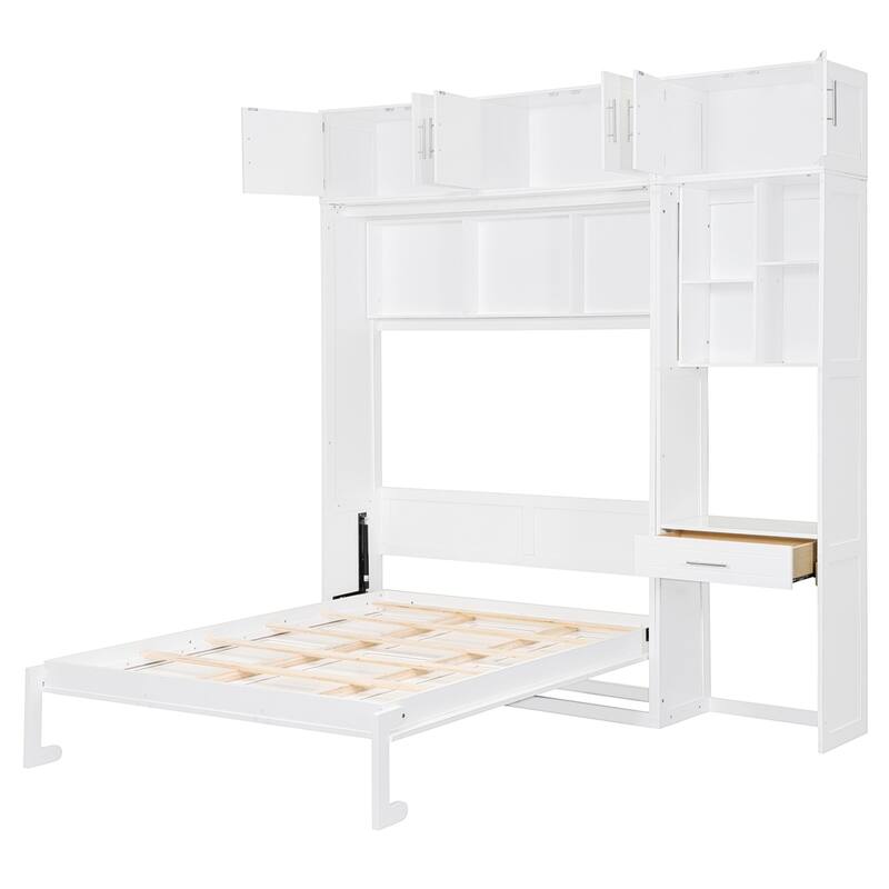 Wall Murphy Bed with Desk, Top Cabinet and Storage Shelves
