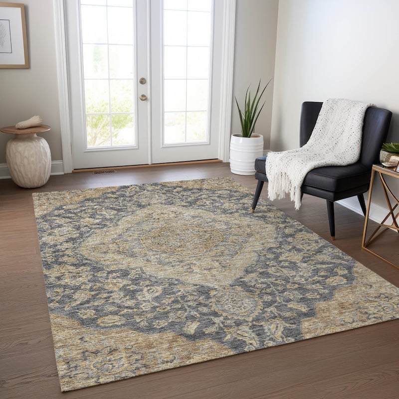 Machine Washable Indoor/ Outdoor Traditional Medallion Chantille Rug - Charcoal - 5' x 7'6"