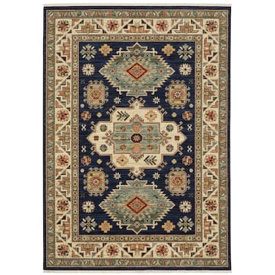 Style Haven Leander Tribal Medallion Navy/ Multi Fringed Wool Blend Area Rug.