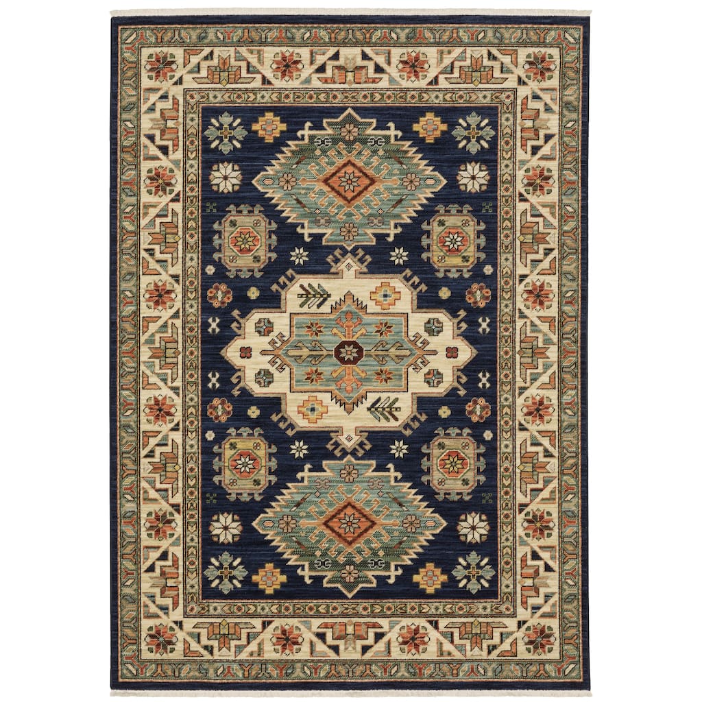 Style Haven Leander Tribal Medallion Navy/ Multi Fringed Wool Blend Area Rug.