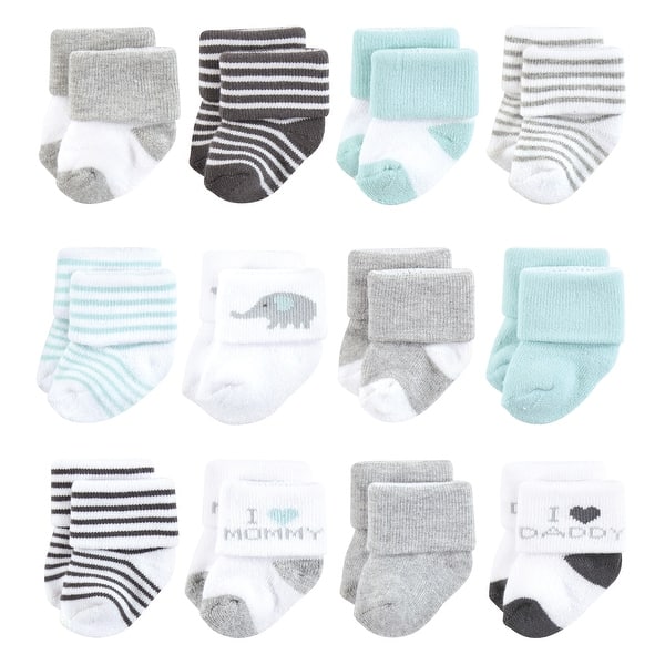 slide 1 of 1, Hudson Baby Unisex Baby Cotton Rich Newborn and Terry Socks, Mom and Dad Gray Mint 0-6 Months - Mom and Dad Gray Mint 12-Pack