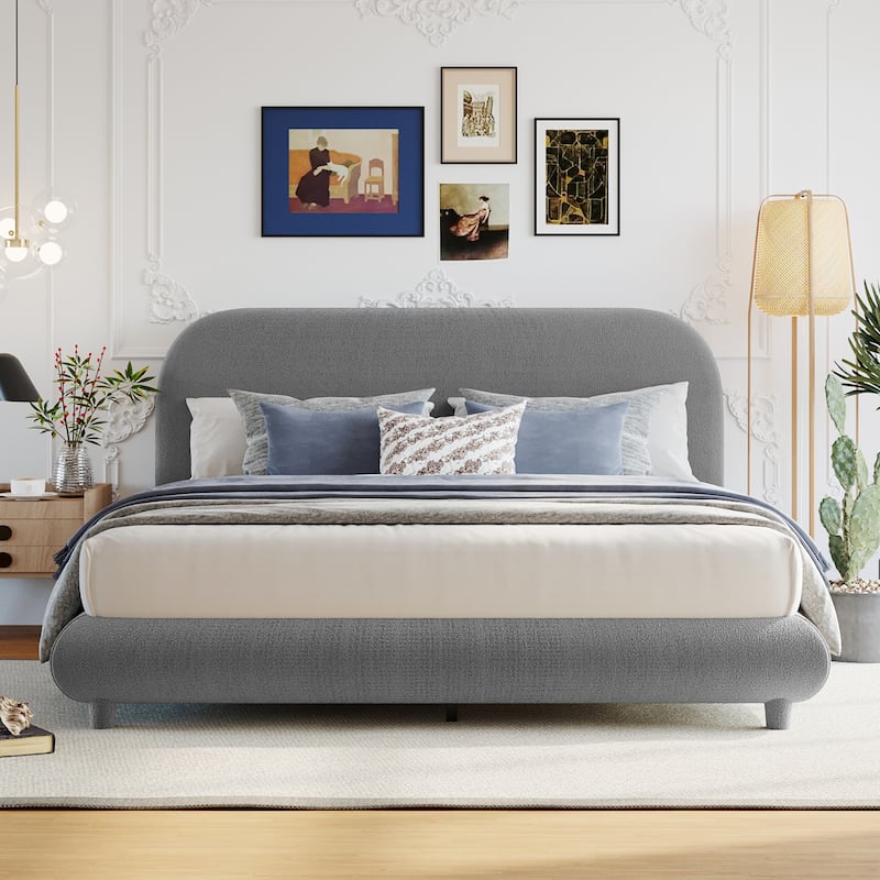Curve Shaped Headboard Bed Frame, Teddy Fleece Upholstered Platform Bed with Thick Fabric, Wood Low Profile Bed Panel Bed