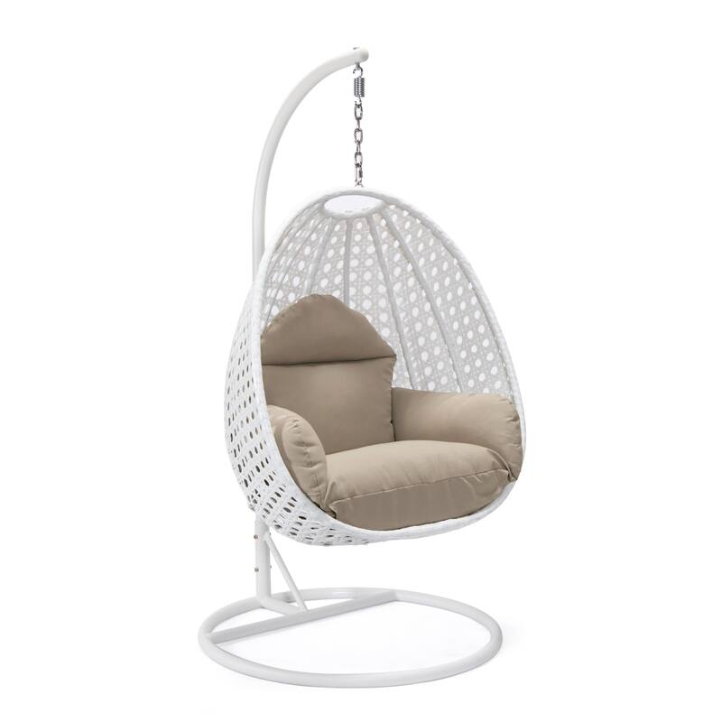 Patio Hanging Egg Swing Chair with White Wicker Shell and Iron Frame for Indoor Outdoor Patio Porch Garden Backyard - Taupe