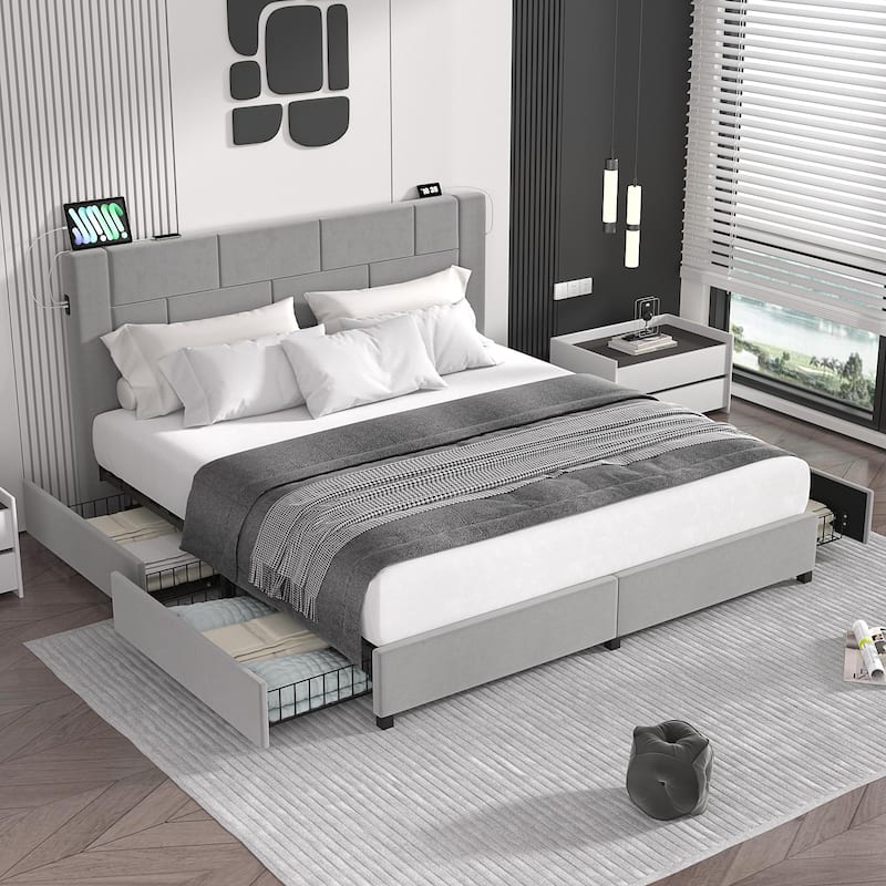 VECELO Upholstered Storage Bed Frame with 2 Side USB Ports and 4 Big Space Drawers, Velvet Headboard and Charging Station-Ports