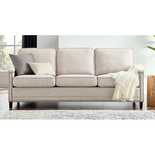 Hermitage Beige Fabric Upholstered Sofa with Nailhead Trim Bed Bath