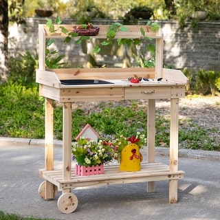 Outsunny 36.25" x 17.75" x 46.75'' Wooden Potting Bench Work Table with 2 Removable Wheels & Large Storage Spaces